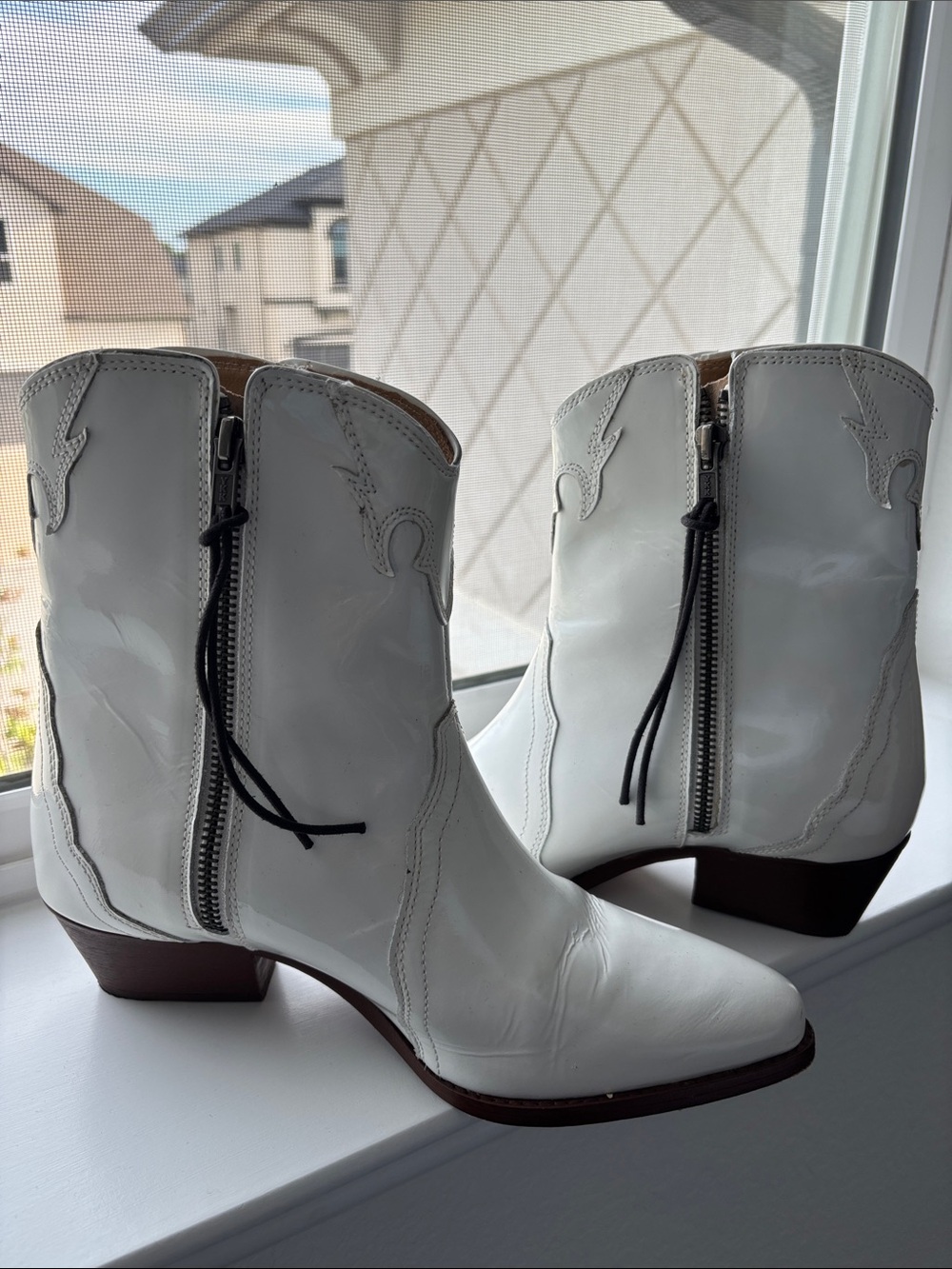 Free People White Glossy Western Ankle Boots with Side Zip